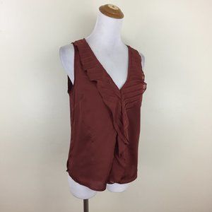BEBE Hen/Brown Satin/Sateen Chiffon Pleats Ruffle V Neck Sleeveless Top